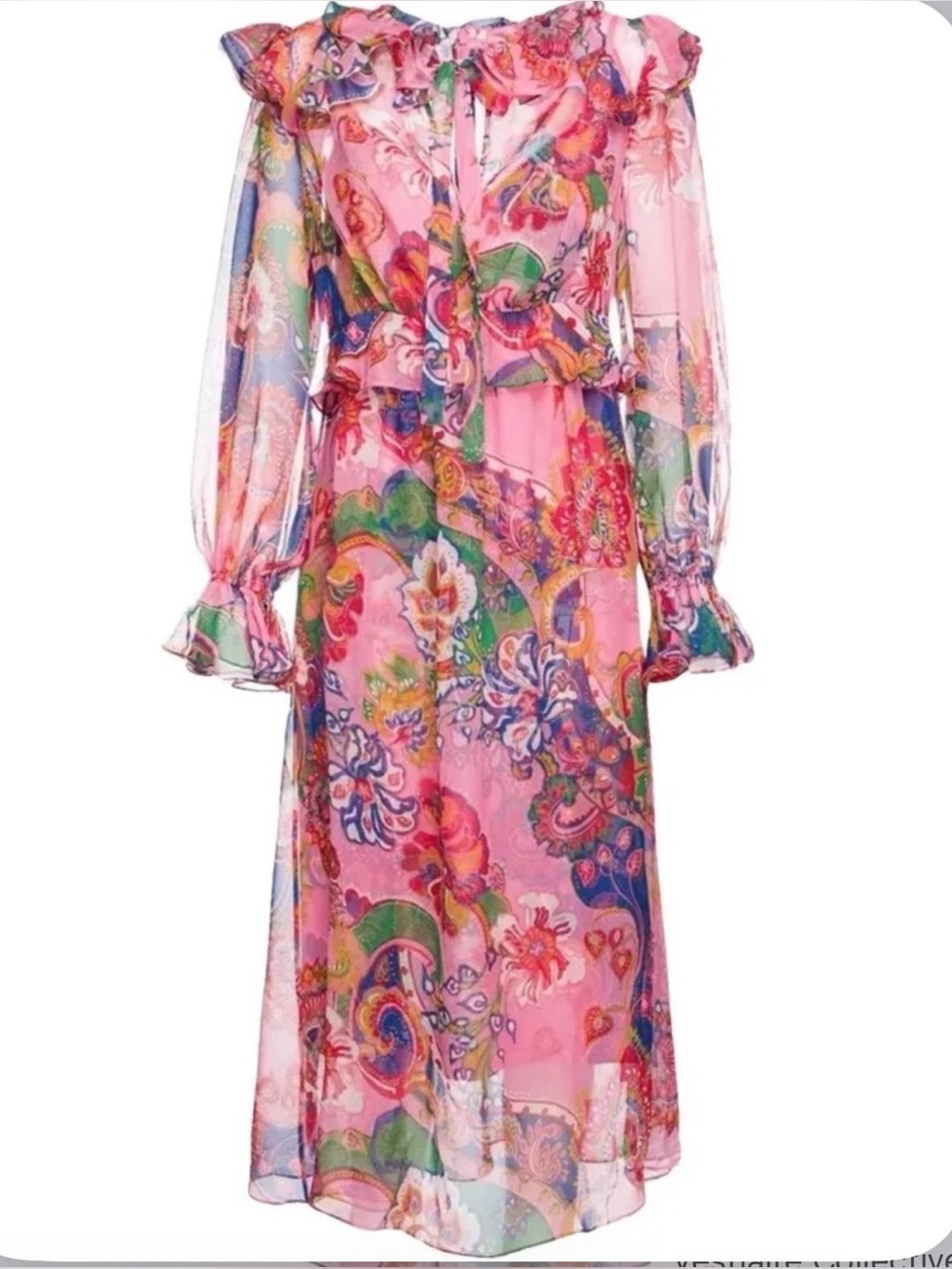 Zimmermann Pink Paisley-Print Ruffle-Trim Midi Dress